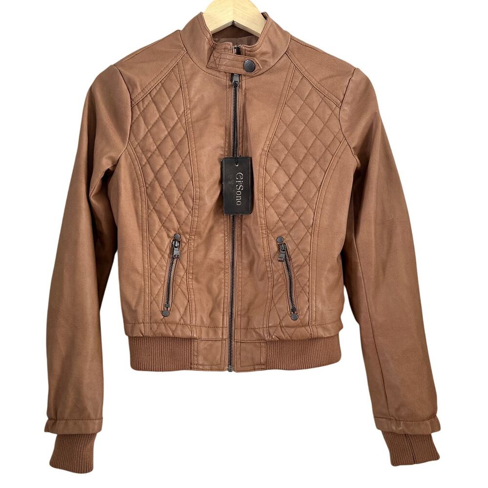 Ci Sono Quilted Faux Leather Moto Jacket - Camel - S/CH-Women's NWT